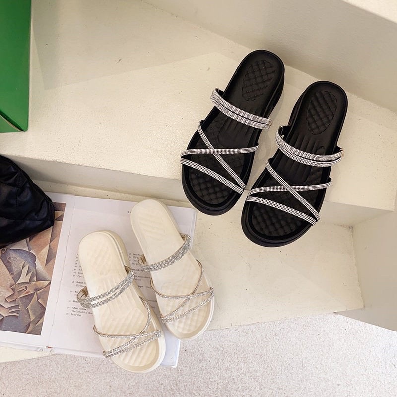 Dép bánh mì cao 5cm quai đính đá dây nhỏ mang được 2 kiểu sandal và dép