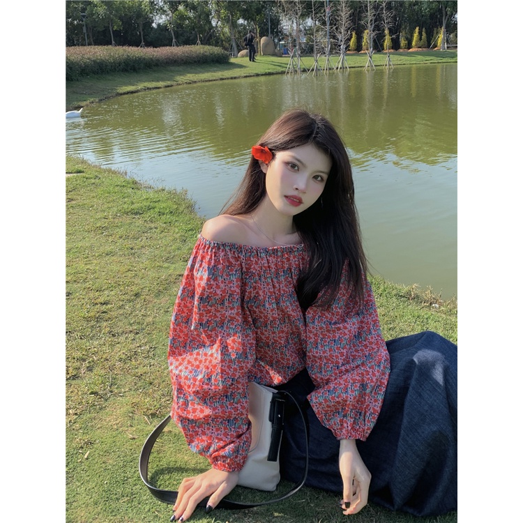 Áo Kiểu Trễ Vai Dài Tay In Hoa Thời Trang Cho Nữ