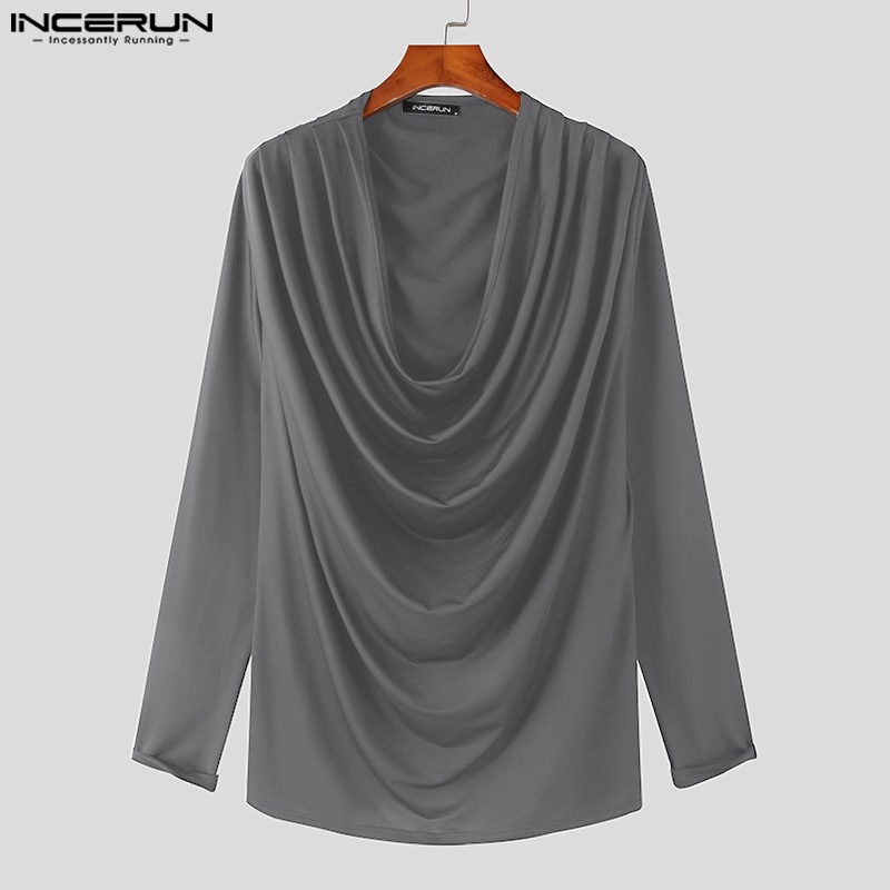 INCERUN Áo Thun Tay Dài Cổ Xếp Ly Thời Trang Trẻ Trung Cho Nam
