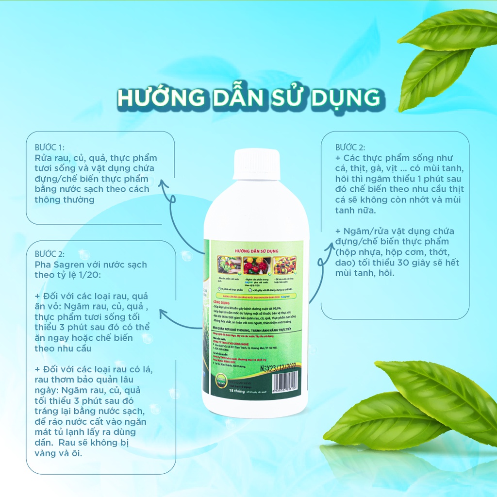 Nước rửa rau củ quả hữu cơ Sagren An Lành Plaza 500ml, nước ngâm rửa thực phẩm an toàn cho bé