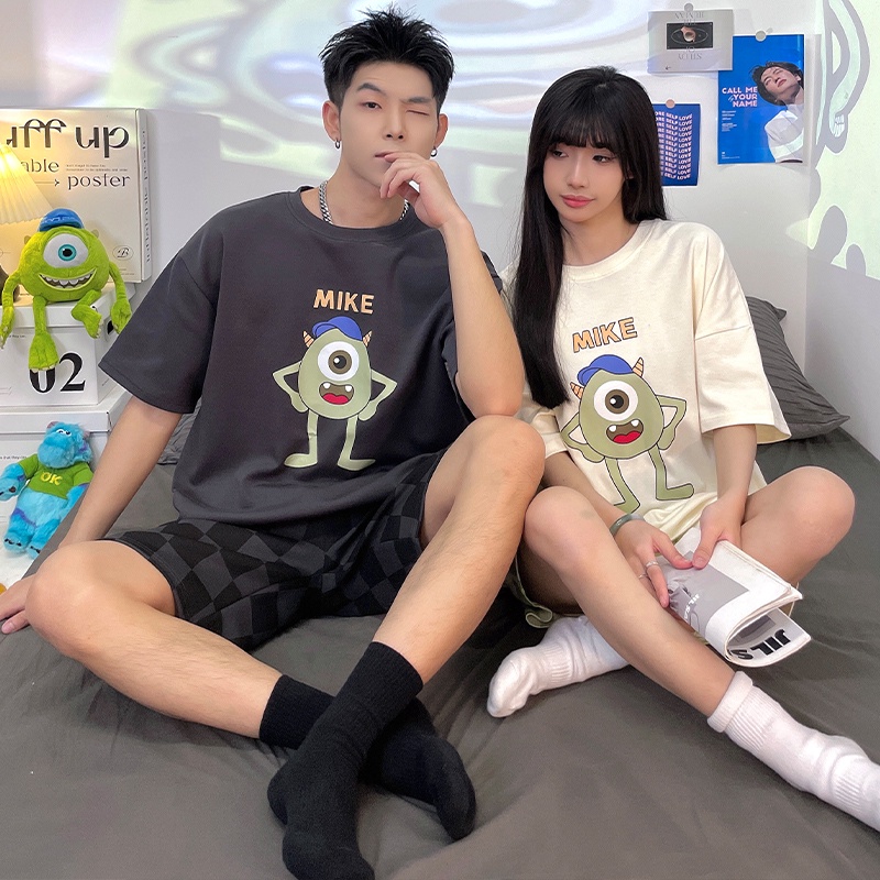 Bộ Đồ Ngủ Cotton Tay Ngắn In Hình Quái Vật Mắt To 2023 Dễ Thương Cho Cặp Đôi