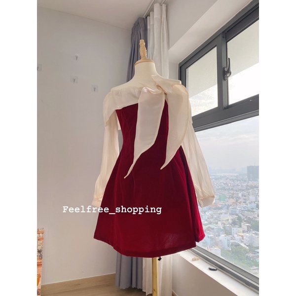 Đầm Đỏ Dáng Ngắn Tay dài Trễ Vai Cổ Thắt Nơ Mặc Đi Tiệc Đi Chơi (Hình Thật)