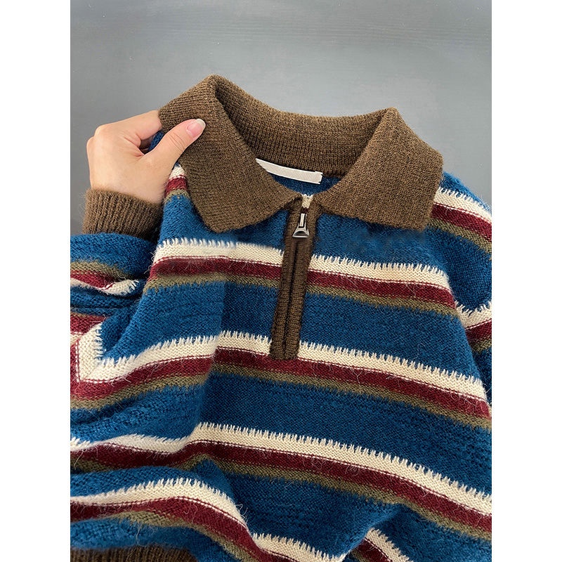 Áo Len Chui Đầu Ngắn Mỏng Có Dây Kéo Cổ Polo Màu Sắc Tương Phản Phong Cách Mới Cho Nữ