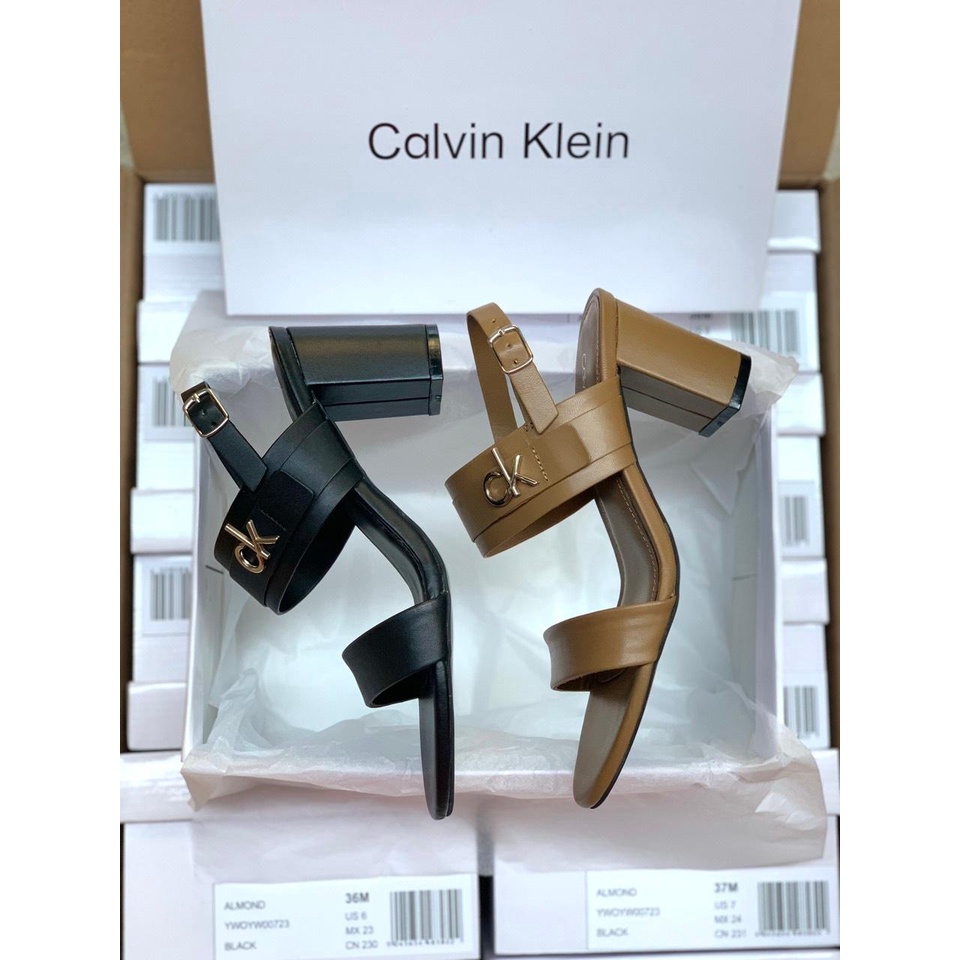 Sandal C.K quai ngang đính logo, gót trụ 7cm