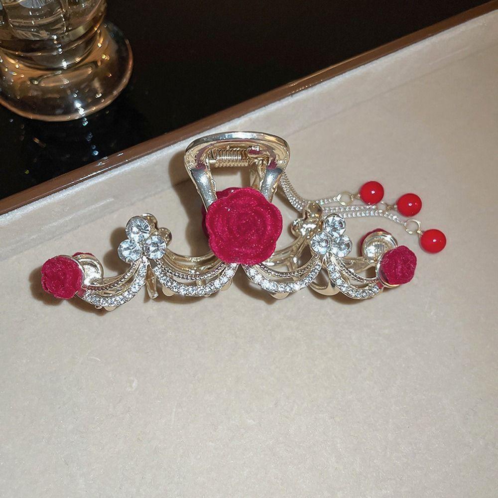 Kẹp Tóc Đuôi Ngựa Hình Hoa Hồng Đính Hạt Và Tua Rua Thanh Lịch Sáng Tạo|Kẹp Cá Mập Dễ Thương