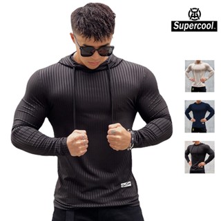  #SupercooL# Áo Hoodie Tay Dài Tập Gym Nam Big Size Áo Thun Vải Sọc Form Slimfit Có Nón Phong Cách Hàn Quốc Trơn Co Giãn Nhanh Khô Cao Cấp Vải Thoáng Thun Lạnh PE Co Thấm Hút Mồ Hôi Tốt Mỏng Nhẹ Basic Tee Chạy Bộ Thể Dục Bóng Rổ Thể Dục Thời Trang 
