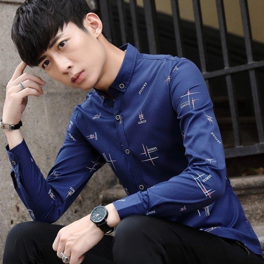 Áo Sơ Mi Nam Tay Dài Hàn Quốc Phối Họa Tiết Chữ Zuny Thời Trang Ponivalaza cao cấp Trẻ Trung Chất Kate Mềm Và Thoáng Mát