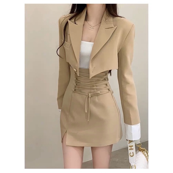 SET KHOÁC CROPTOP VEST + ÁO ỐNG TRẮNG + CHÂN VÁY ĐAN DÂY EO