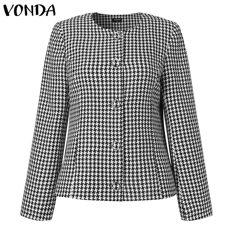 Áo khoác blazer VONDA tay dài phồng cổ tròn in caro phối hàng nút phong cách Hàn Quốc thời trang cho bạn gái