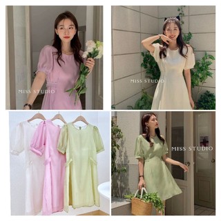 Đầm voan cổ tròn tay bồng cột nơ eo 2 lớp có dây kéo lưng nhiều màu freesize Pumi 14052