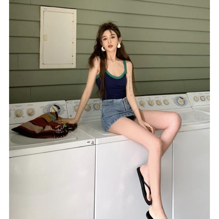 Áo Có Mút Đệm Ngực Màu Sắc Tương Phản Độc Đáo Phong Cách Pháp Thời Trang Mùa Hè Cho