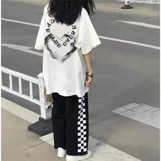  Set Bộ Quần Dài mix Áo thun Trái Tim Khói  Nam Nữ 🌸 Bộ đồ culottes quần kẻ caro kèm áo thun form rộng tay lỡ