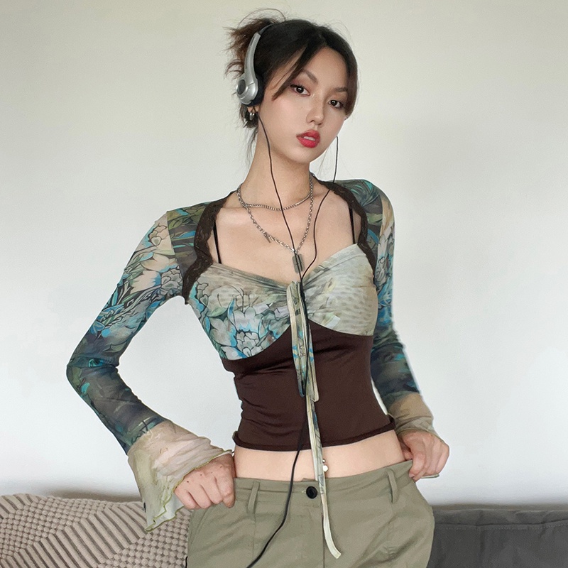 Weird Puss Áo thun dài tay nhuộm màu phong cách retro thời trang cho nữ