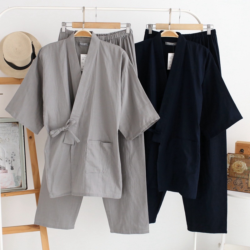Bộ Đồ Ngủ Kimono Bằng Cotton Nguyên Chất Hai Lớp Thấm Hút Mồ Hôi Phong Cách Nhật Bản Cho Nam