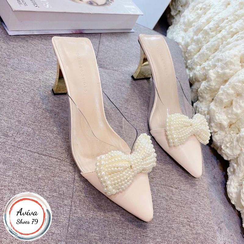 Sục mũi nhọn 5cm quai nơ gót mạ vàng siêu sang chảnh