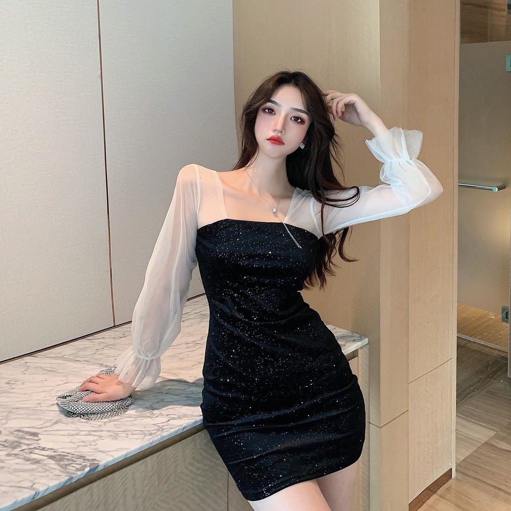 Váy đính kim sa đầm body phối ren ulzzang Hàn Quốc Đ171 - Có ảnh thật