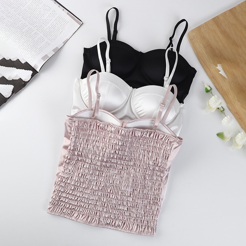 Áo Hai Dây Vải Satin Màu Trơn Có Đệm Ngực Thời Trang Hàn Quốc Cho Nữ