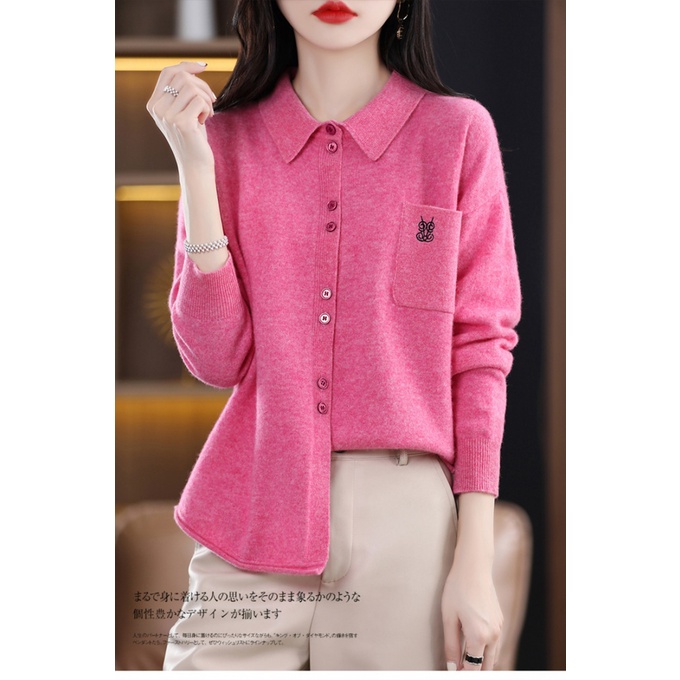 Áo Khoác Cardigan Dệt Kim Cổ POLO Thêu Họa Tiết Thời Trang Xuân Thu