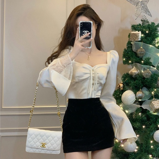 Áo Sơ Mi Satin Cổ Vuông Tay Loe Xếp Ly Thời Trang Xuân Hè 2023 Phong Cách Mới