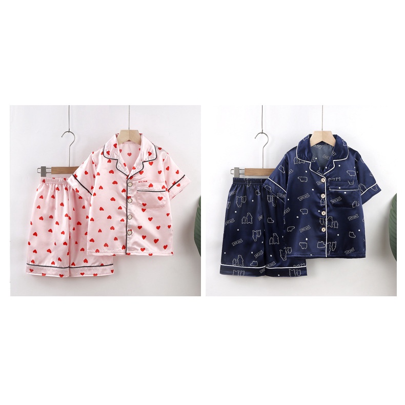 Bộ Đồ Ngủ Ngắn Tay Bằng Lụa Nhẹ In Họa Tiết Hoạt Hình Thời Trang Xuân Hè Kích Thước 110-160CM Cho Trẻ Em