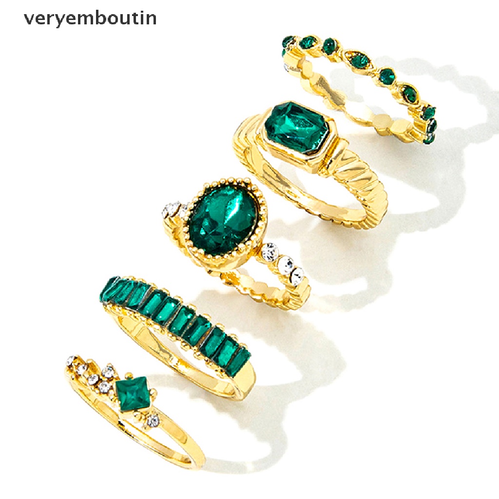 Set 5 Nhẫn Đính Đá Pha Lê Xanh Phong Cách Vintage Thời Trang Cho Nữ