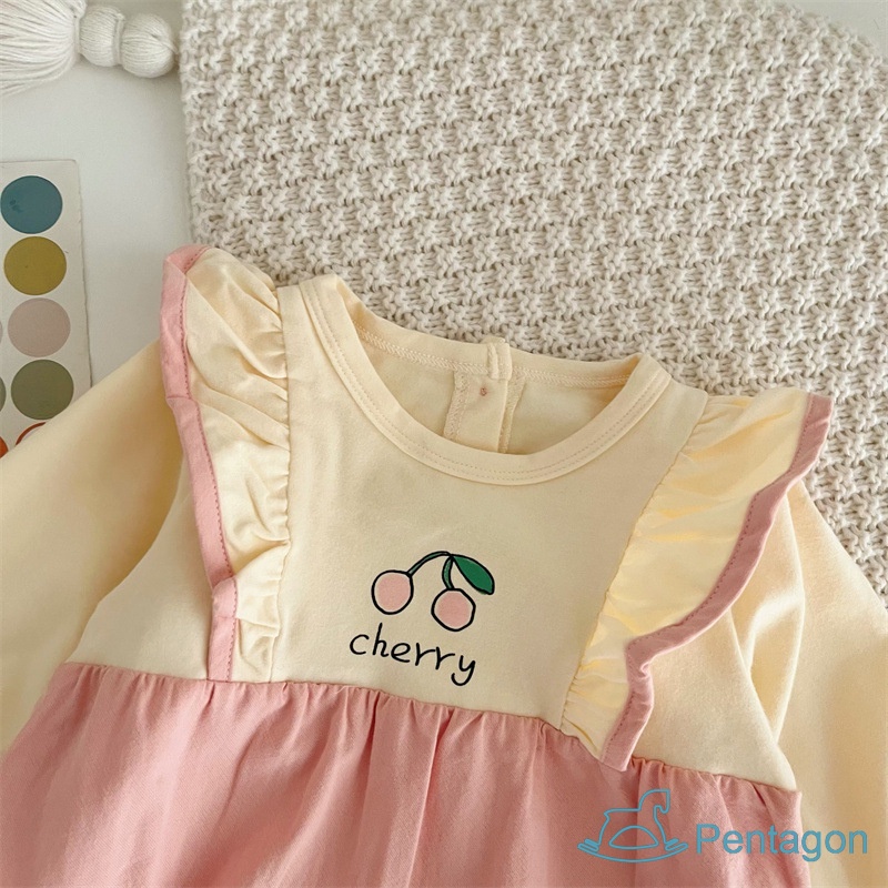 Bộ Áo Liền Quần Tay Dài Cổ Tròn In Họa Tiết Cherry Dễ Thương Thời Trang Cho Trẻ Sơ Sinh