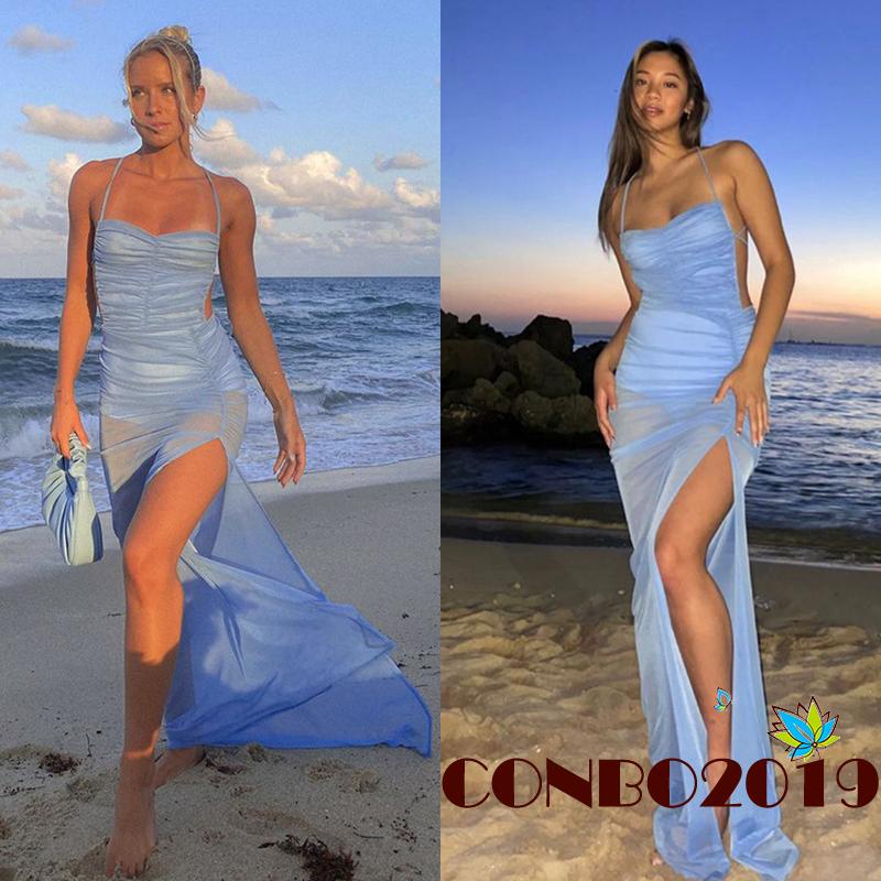 Hgm-đầm Dài Hai Dây Hở Lưng Xẻ Tà Phối Ren Dành Cho Nữ Đi Tiệc Cocktail