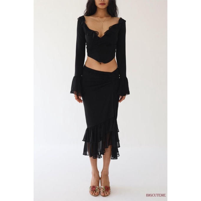 Set Đồ Mùa Hè 2 Món Gồm Áo Tay Dài Cổ V Nhún Bèo Màu Sắc Trơn + Chân Váy Đuôi Cá Eo Thấp Xẻ Tà Cho Nữ