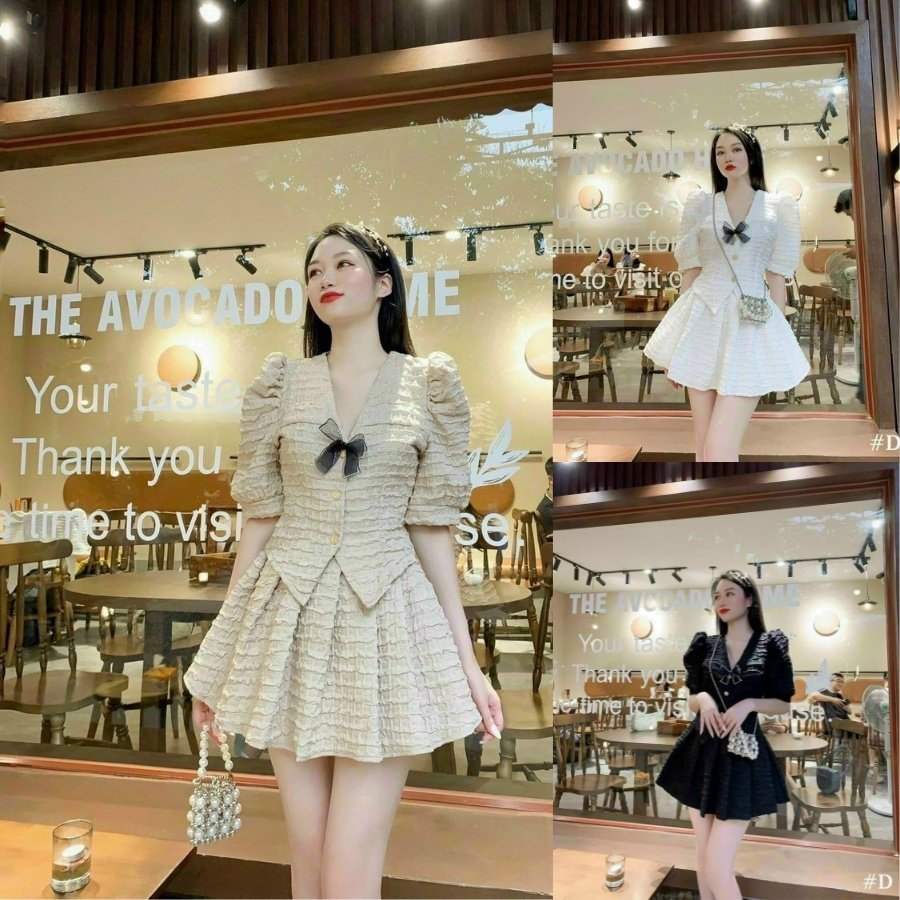 Set Bộ Đồ Nữ,Set Áo Sơ Mi Kiểu Đính Nơ Sang Chảnh Kèm Chân Váy Xếp Ly Tiểu Thư Dự Tiệc Dạo Phố Đi Biển Thời Trang MJP
