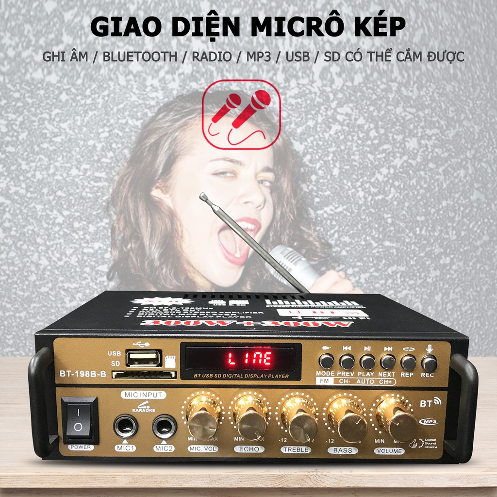 Amply karaoke-Âm ly mini bluetooth+Ghi Âm BT198B-B 600W，Amply mini xe hơi đa chức,Hát karaoke kết nối không dây bluetooh