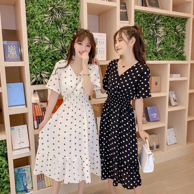 (Order) có bigsize  Đầm cổ V chun eo đuôi cá chấm bi