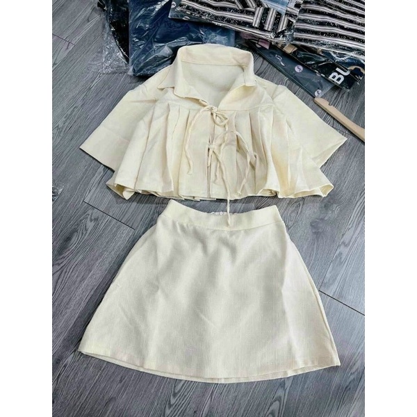 Set bộ áo croptop nơ kèm chân váy chữ a, set bộ năng động hình thật alohashop91