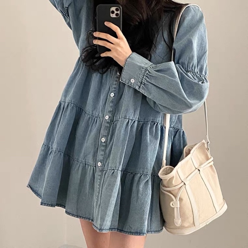 ĐẨM JEANS DÁNG BABYDOLL TAY DÀI XOÈ