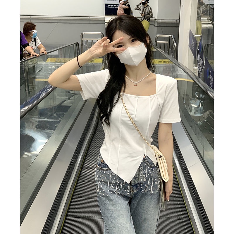 COZOKC COZOK Áo Thun Tay Ngắn Cổ Vuông Màu Trơn Thiết Kế Xẻ Tà Độc Đáo