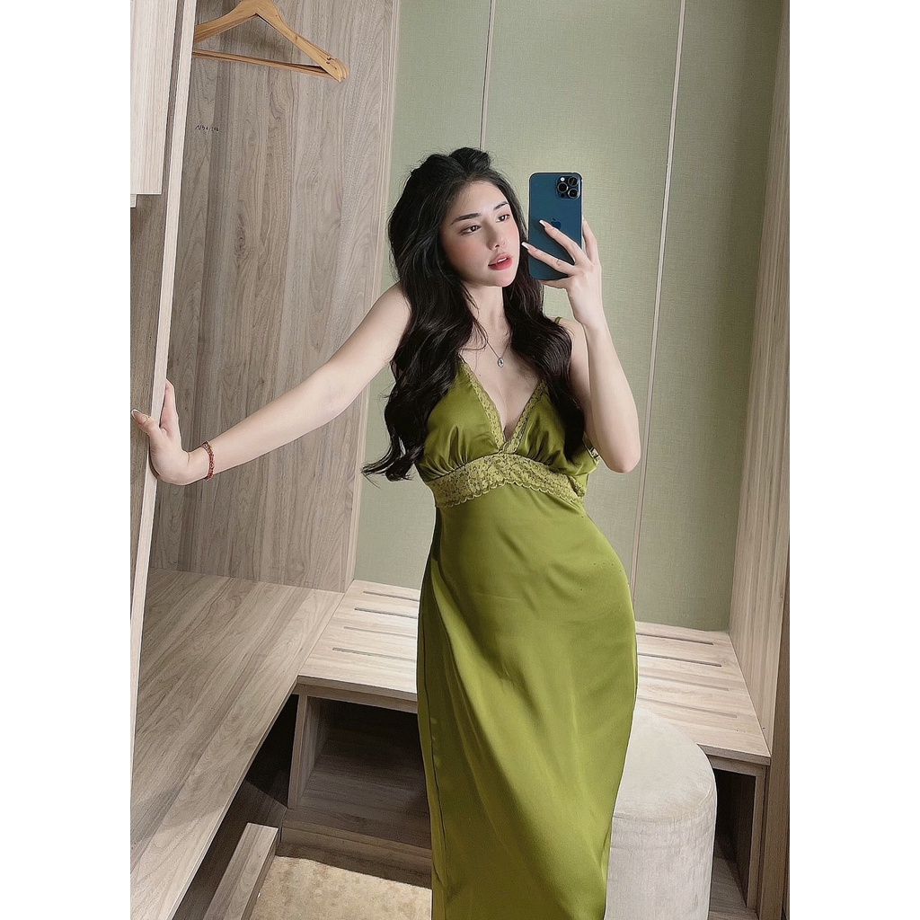 Đầm ngủ dáng dài 2 dây phối ren sexy có thắt eo lụa latin cực mát mẻ Freesize