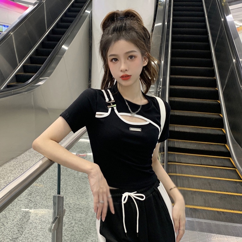 Áo Thun Crop Top Giả Hai Lớp Màu Sắc Tương Phản Phong Cách Vintage Dành Cho Nữ