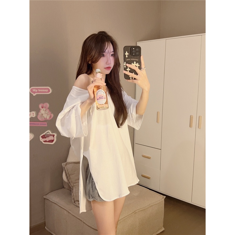 ZHELIHANGFEI Áo Thun Tay Ngắn Hở Vai Form Rộng Kiểu Dáng Sexy Dễ Phối Đồ