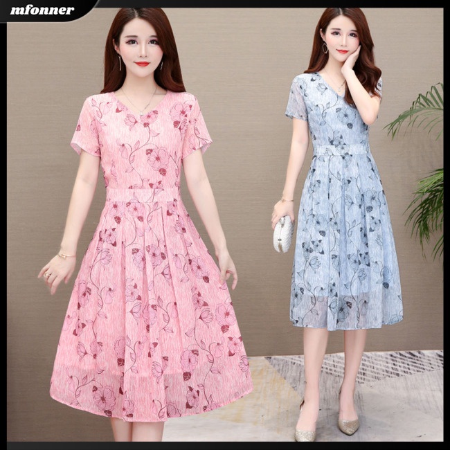 Đầm Dài Tay Ngắn Cổ Chữ V Họa Tiết Hoa Thanh Lịch Cho Nữ