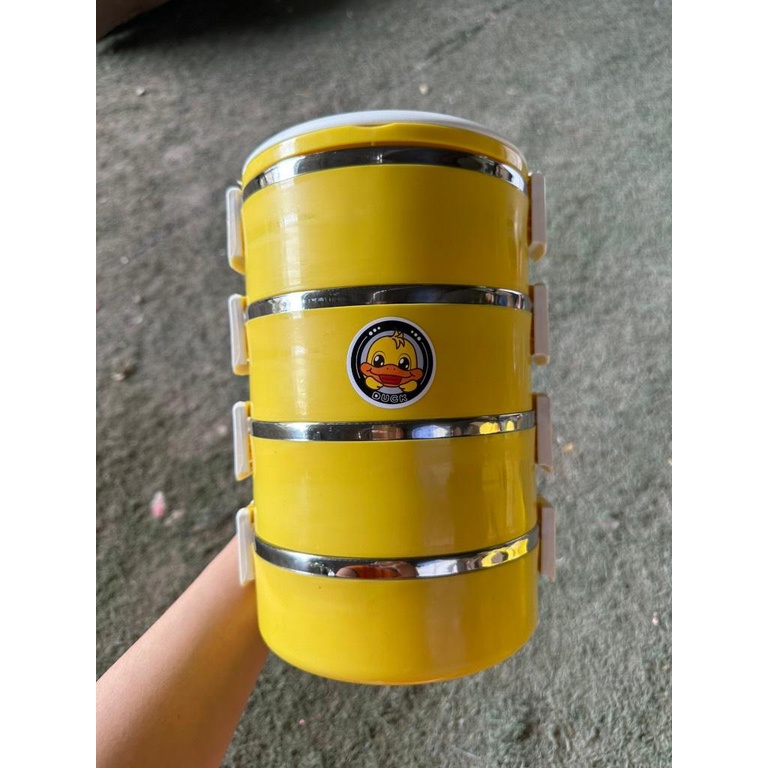 Hộp Cơm 3 Tầng Con Vịt Bằng Thép Không Gỉ và Cốc canh INOX Màu Vàng Nhiều Lớp Cách Nhiệt