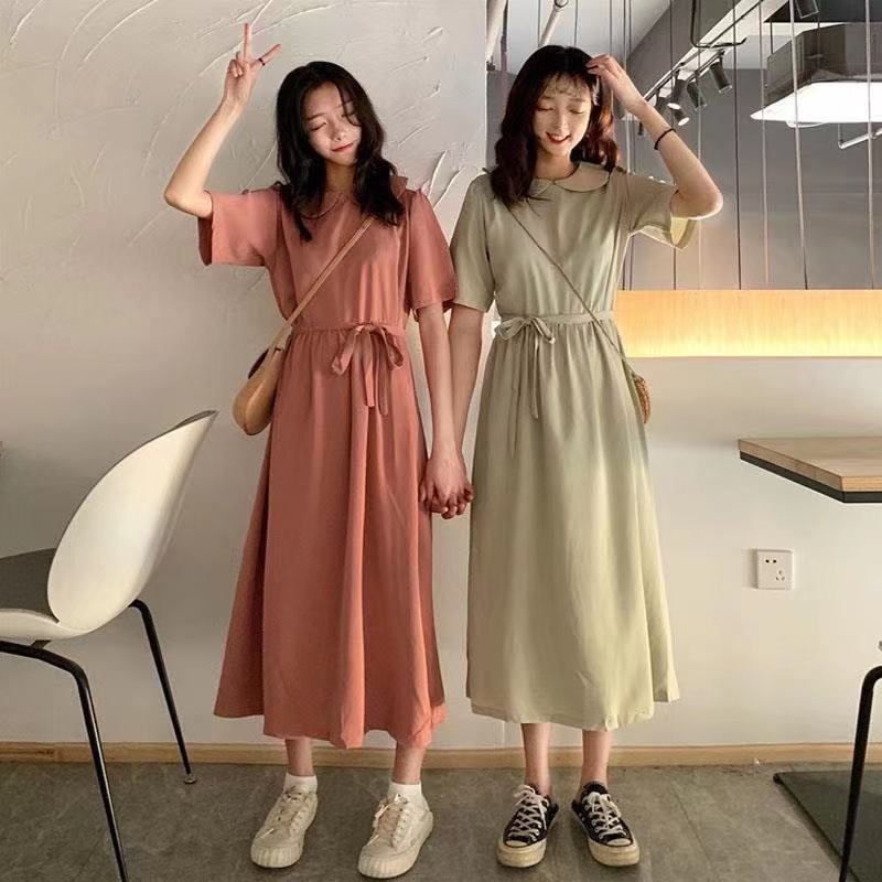 ZHELIHANGFEI Đầm Dài Tay Ngắn Nhấn Eo Phong Cách Hàn Quốc Ngọt Ngào
