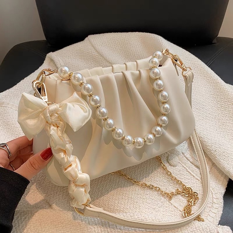 Túi xách nữ kẹp nách đeo chéo phối ngọc và khăn chất da pu cao cấp Zuliashop8386
