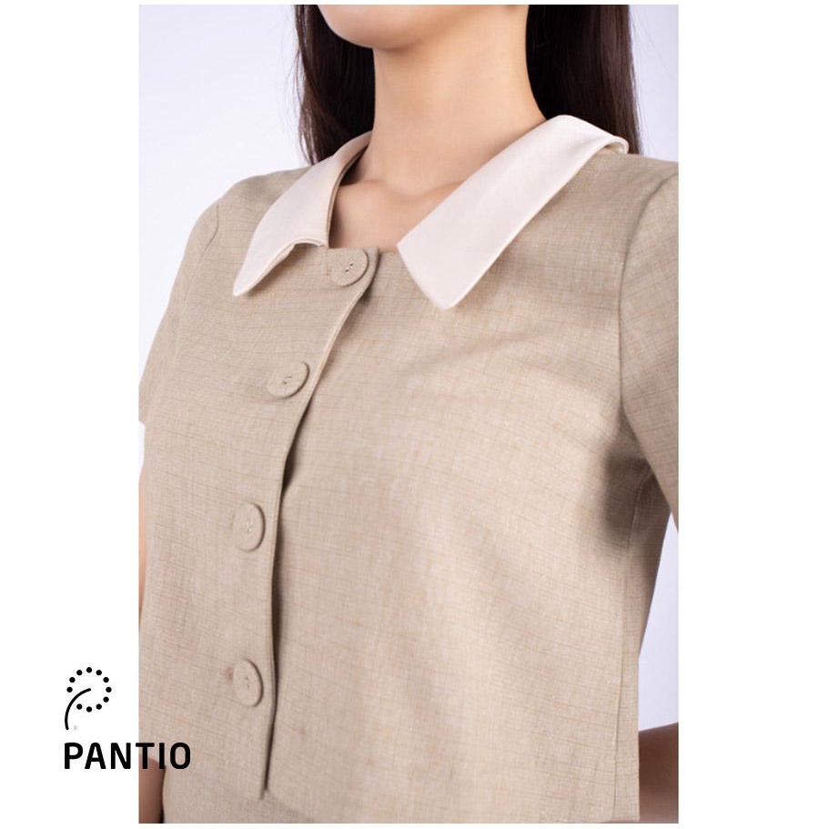 BAK72658 - Áo kiểu công sở vải thô dáng croptop lá cổ phối vải lụa thân cài cúc bọc - PANTIO
