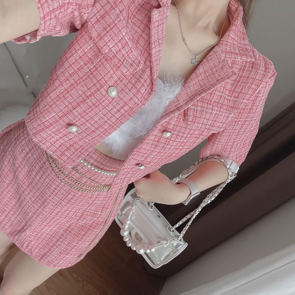 SET ÁO CROPTOP DẠ CỔ VEST + CHÂN VÁY CÙNG MÀU