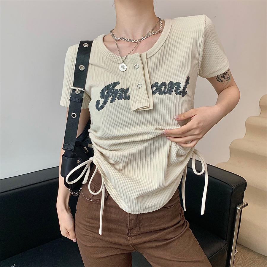 Porozi  Áo Thun Dệt Kim Tay Ngắn Phối Dây Rút In Chữ Thời Trang Cho Nữ