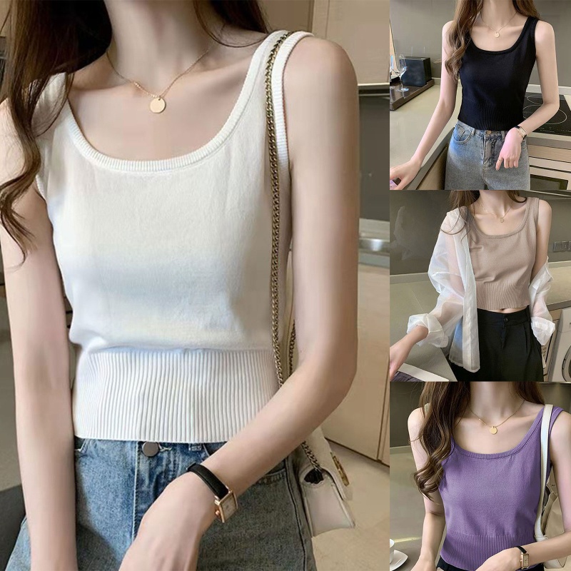 Brroa Áo Croptop Dệt Kim Không Tay Màu Trơn Đơn Giản Thời Trang Mùa Hè Cho Nữ