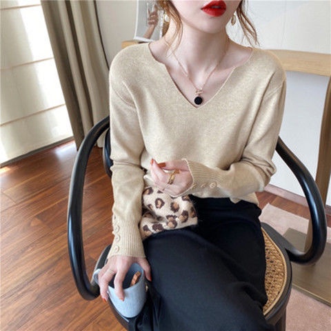 COZOK Áo Len Dài Tay Cổ Chữ V Màu Sắc Đơn Giản Thời Trang