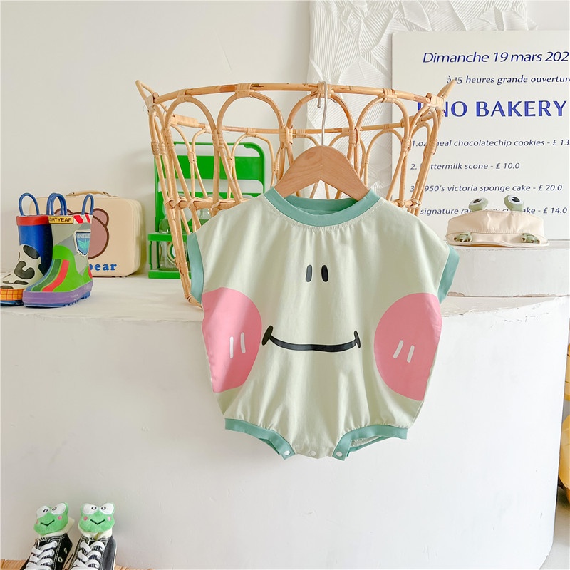 Sun baby Bộ Áo Liền Quần / Mũ Thuyền Vải cotton In Hình Ếch Hoạt Hình Dễ Thương Thời Trang Mùa Hè Cho Bé 0-2 Tuổi