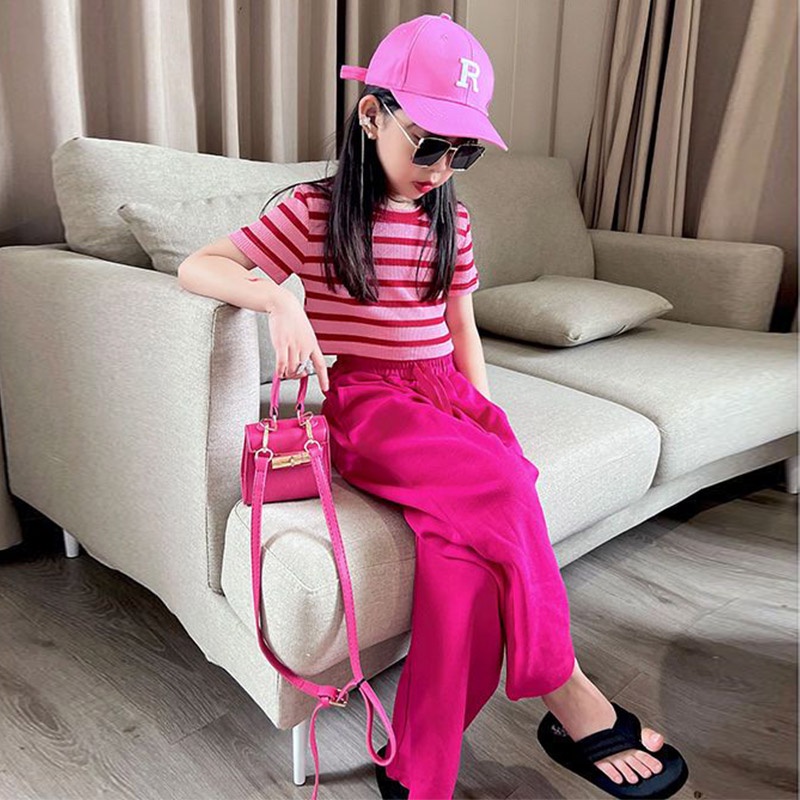 Bộ đồ IQ ANGEL gồm áo thun ngắn tay kẻ sọc và quần ống rộng chống muỗi thời trang mùa hè cho bé gái