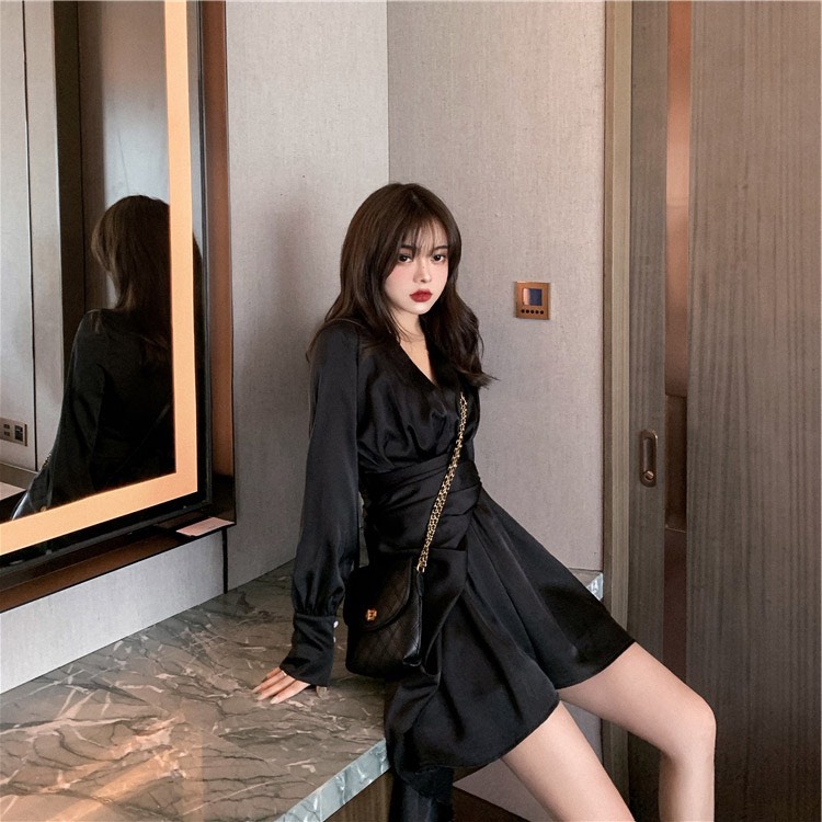 Váy Sơ Mi Tay Dài Vạt Chéo Thắt Eo LSEOUL V0975 Chất Dày Dặn Sang Trọng Kiêu Sa