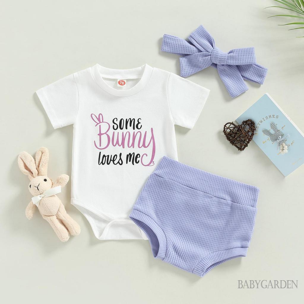 Bộ Áo Liền Quần + Quần Sooc Lưng Thun + Băng Đô Cài Tóc Hình Thỏ / Chữ Cái Dễ Thương Cho Bé Gái